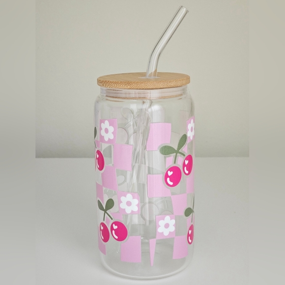 Cherry Pink Checkered 16oz Clear Beer Can Glass Cup - Picture 3 of 6